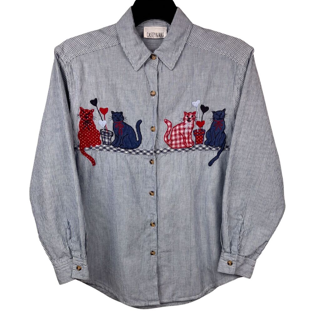 Vintage Casey & Max Shirt Embroidered Cat Button-Up Stripe Collar 90s Medium Y2K